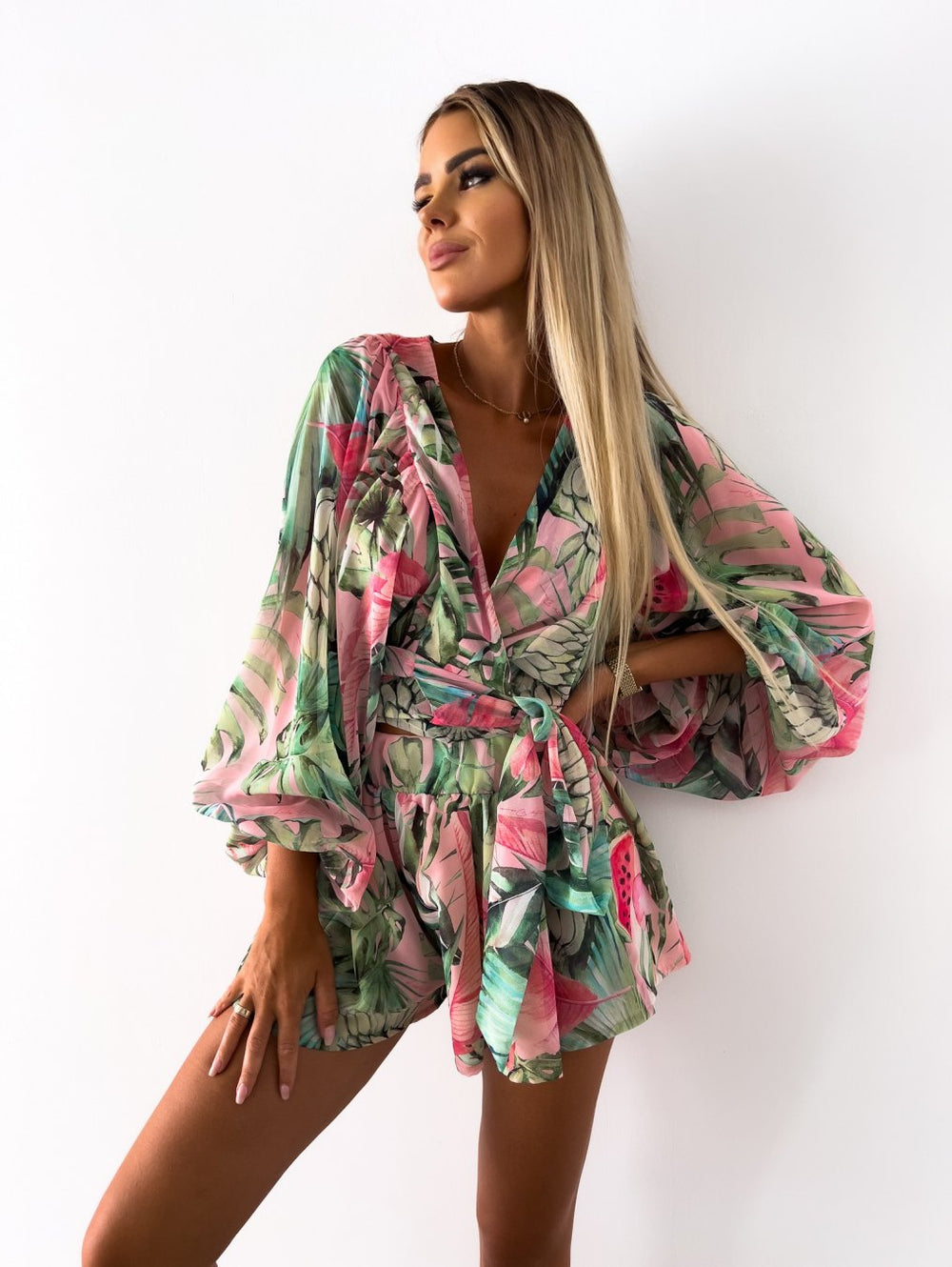 Floortje | Flowing Playsuit with Tropical Print and Kimono Sleeves