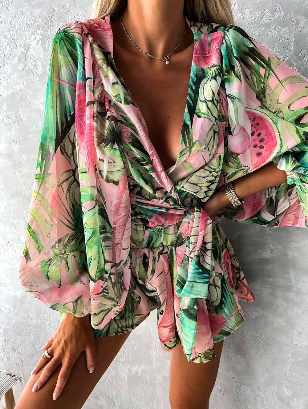 Floortje | Flowing Playsuit with Tropical Print and Kimono Sleeves