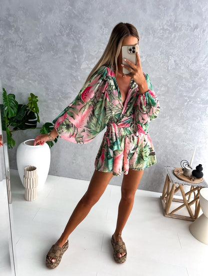 Floortje | Flowing Playsuit with Tropical Print and Kimono Sleeves