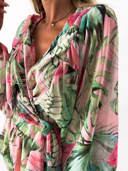 Floortje | Flowing Playsuit with Tropical Print and Kimono Sleeves
