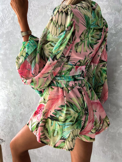 Floortje | Flowing Playsuit with Tropical Print and Kimono Sleeves