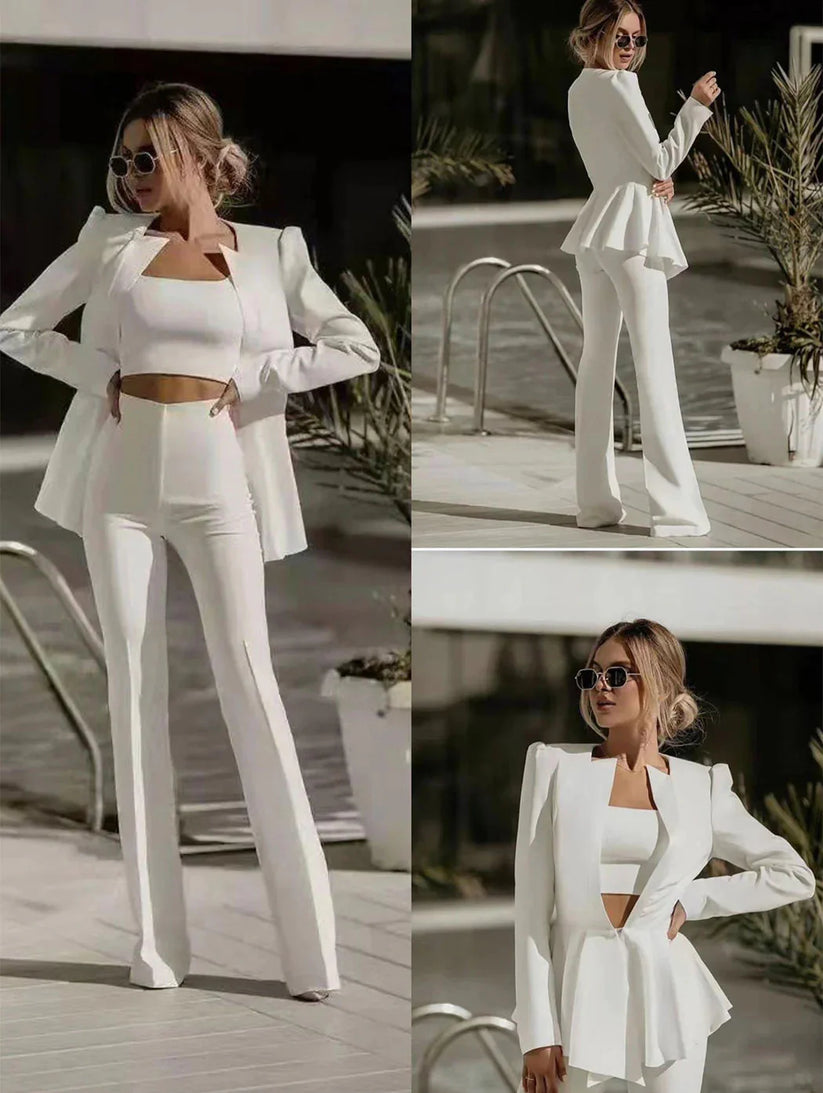 Chic Women's Blazer Set with Trousers and Crop Top