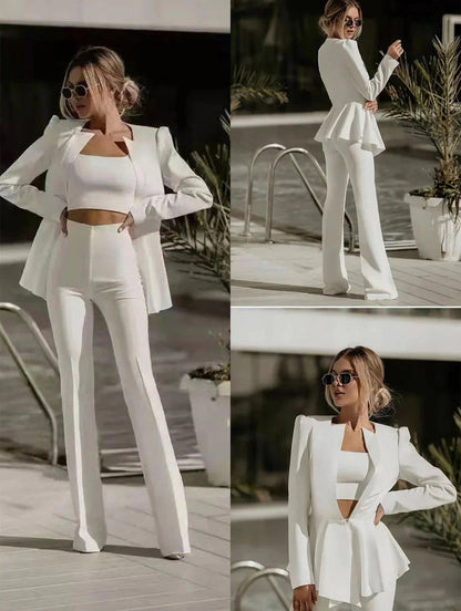 Chic Women's Blazer Set with Trousers and Crop Top