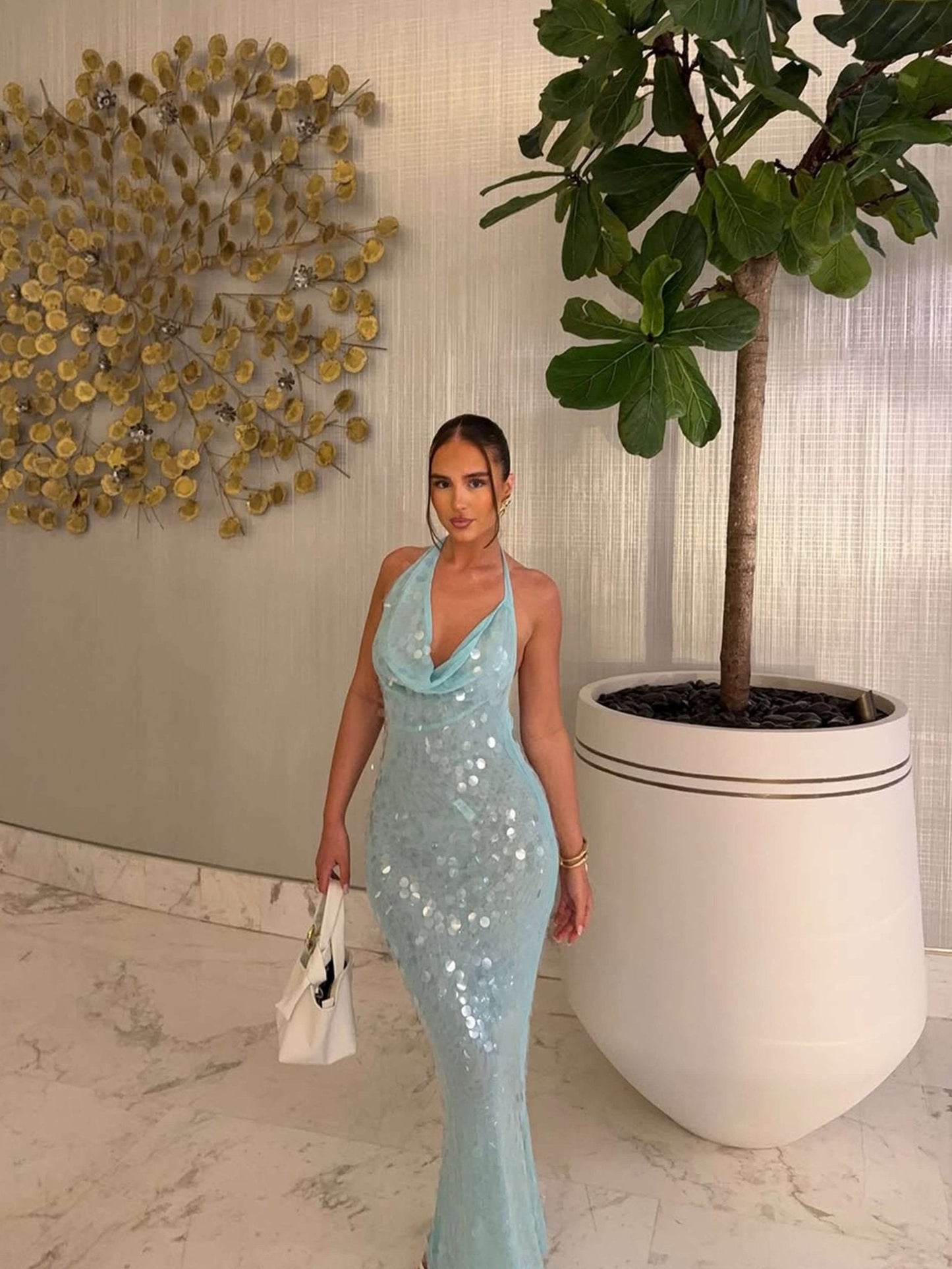 Blue Sequin Maxi Dress for Women with Halter Neck