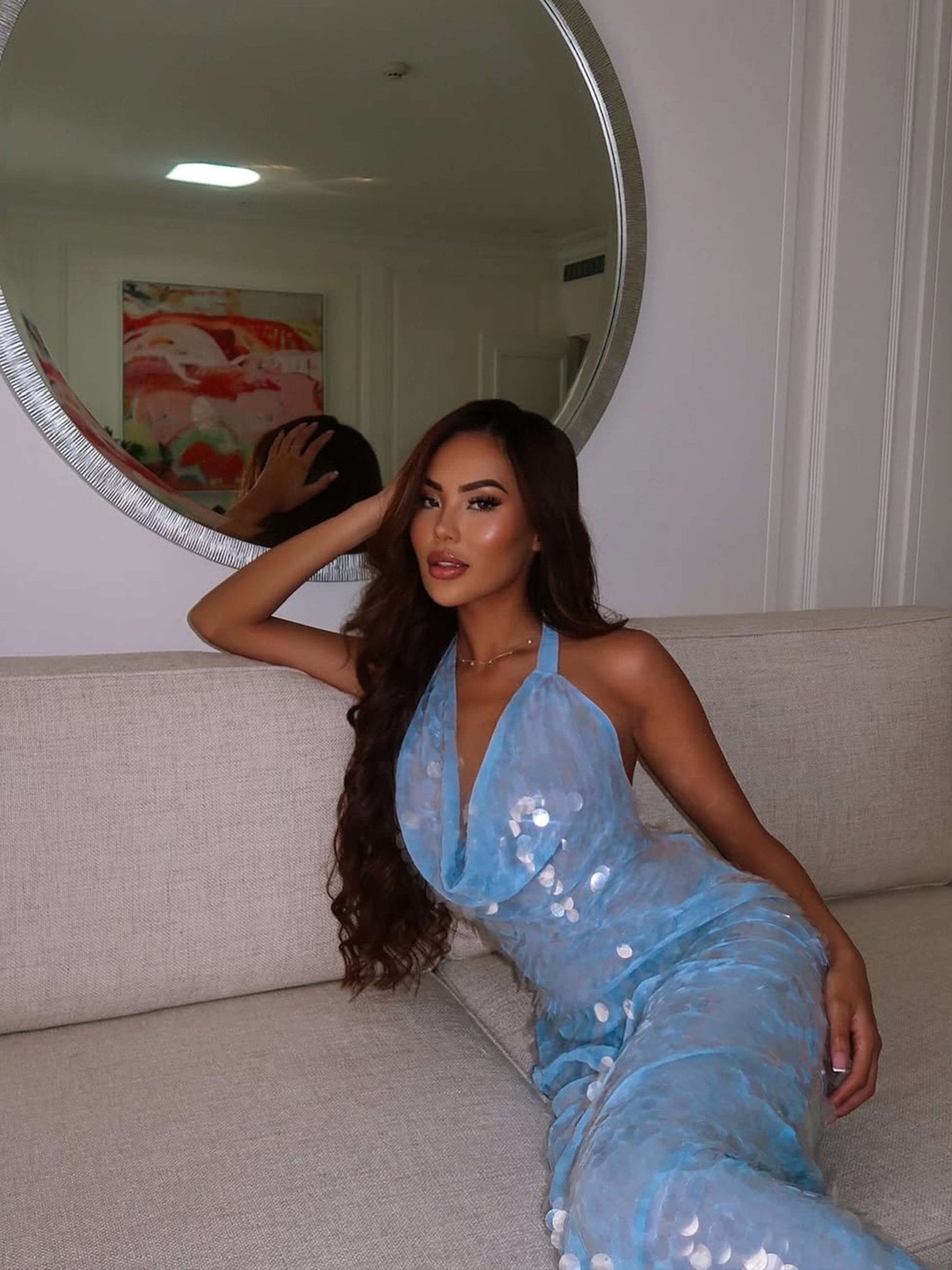 Blue Sequin Maxi Dress for Women with Halter Neck