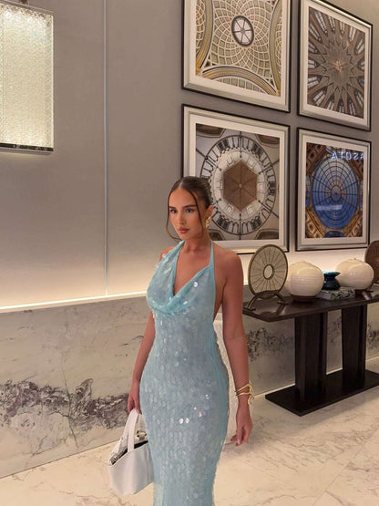 Blue Sequin Maxi Dress for Women with Halter Neck