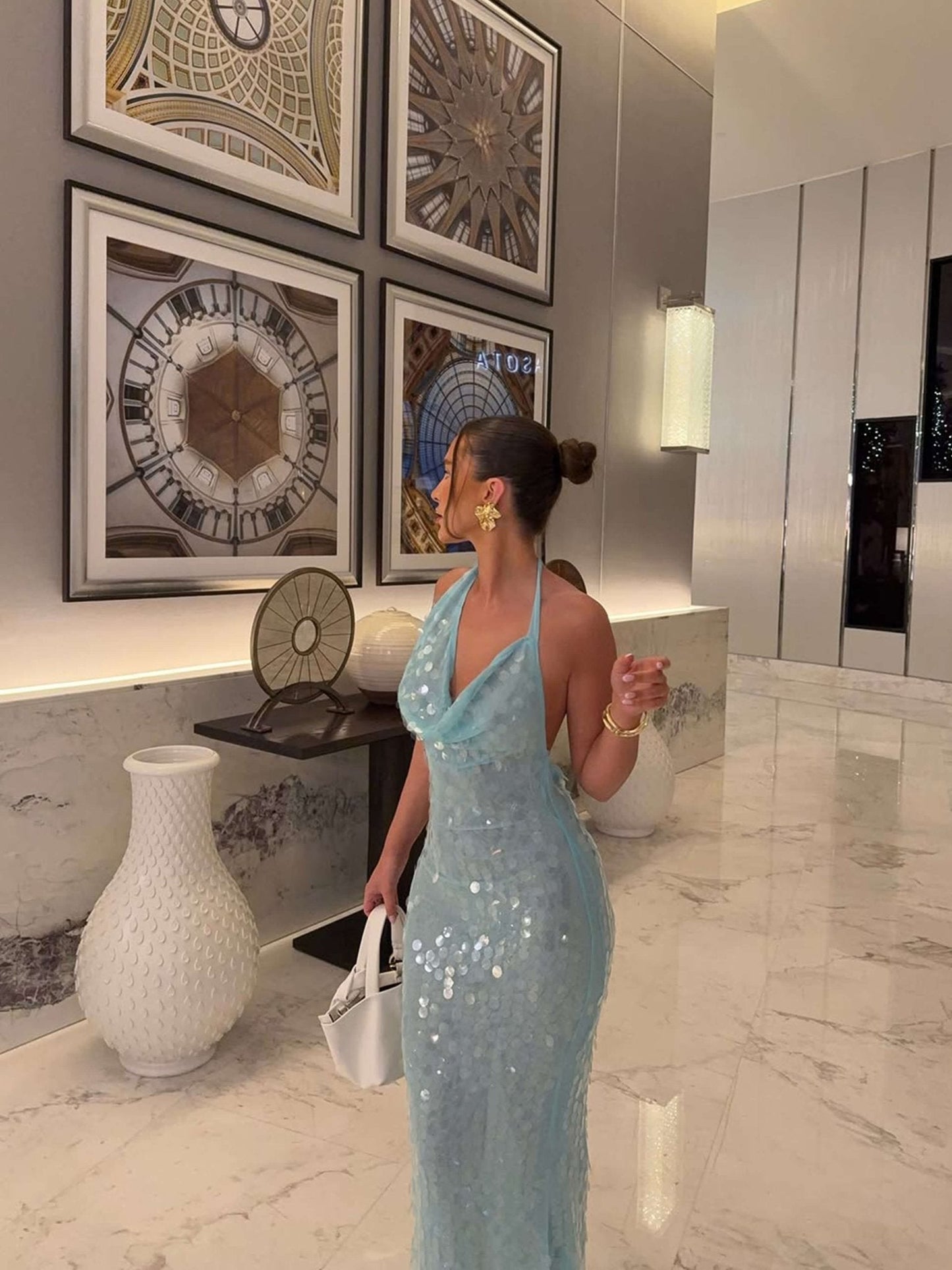 Blue Sequin Maxi Dress for Women with Halter Neck