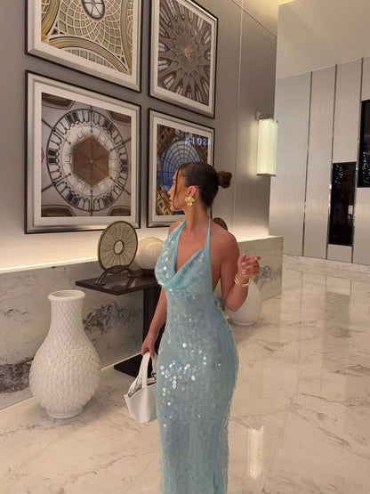 Blue Sequin Maxi Dress for Women with Halter Neck