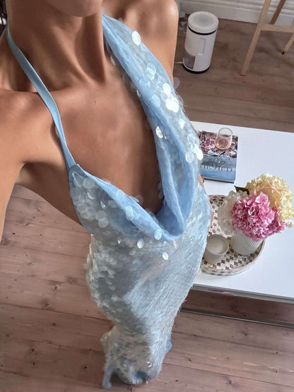 Blue Sequin Maxi Dress for Women with Halter Neck