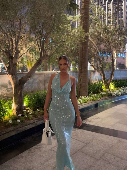Blue Sequin Maxi Dress for Women with Halter Neck
