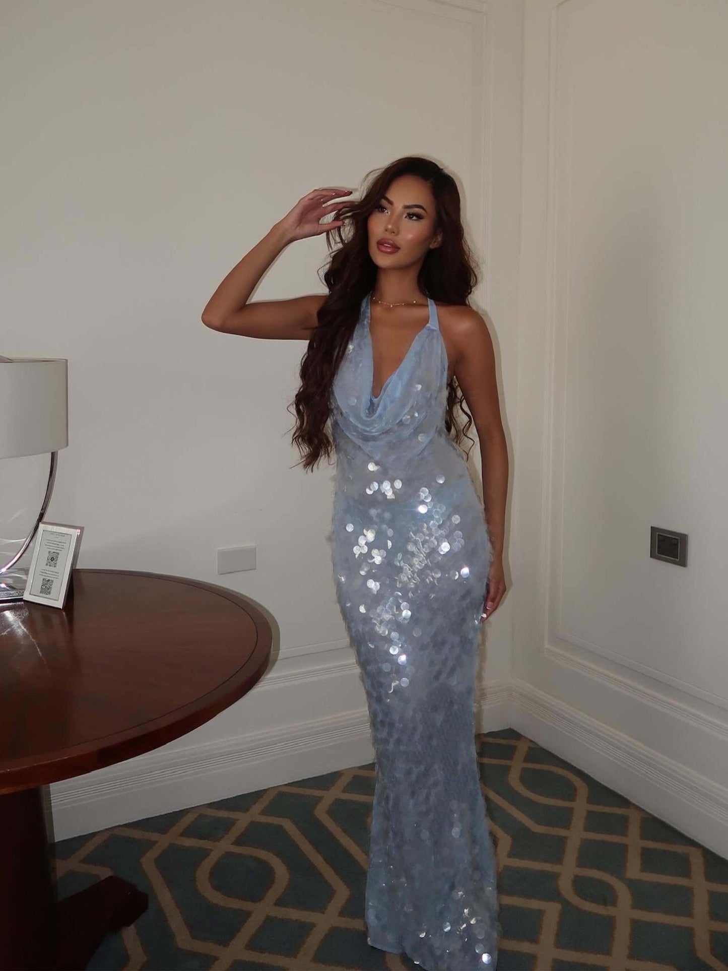 Blue Sequin Maxi Dress for Women with Halter Neck