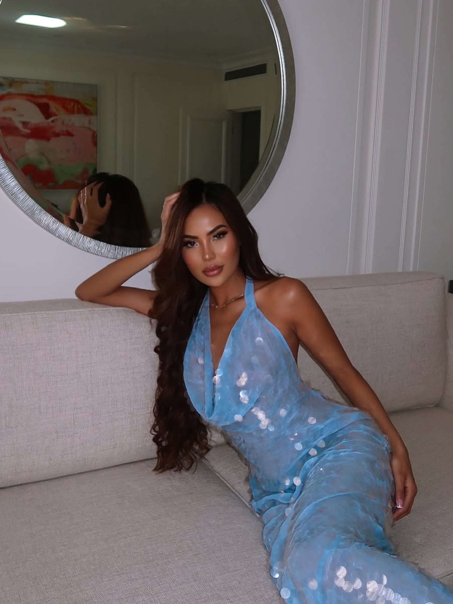 Blue Sequin Maxi Dress for Women with Halter Neck