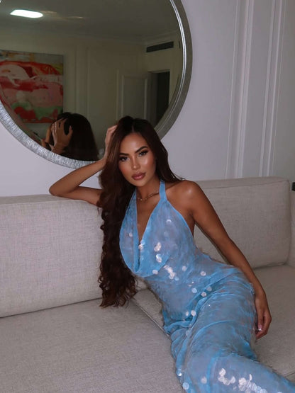 Blue Sequin Maxi Dress for Women with Halter Neck