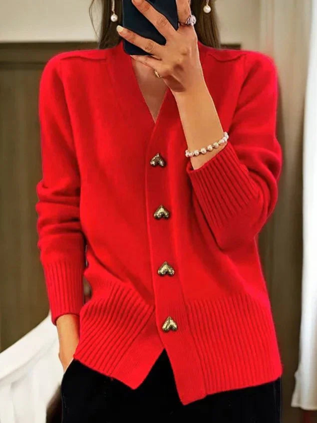 Women's Cardigan With Heart-shaped Buttons And Long Sleeves