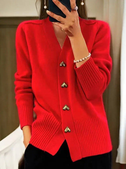 Women's Cardigan With Heart-shaped Buttons And Long Sleeves