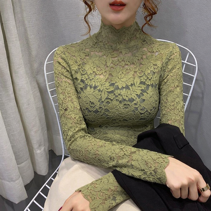 Chic Women's Lace Top with Long Sleeves and High Neck