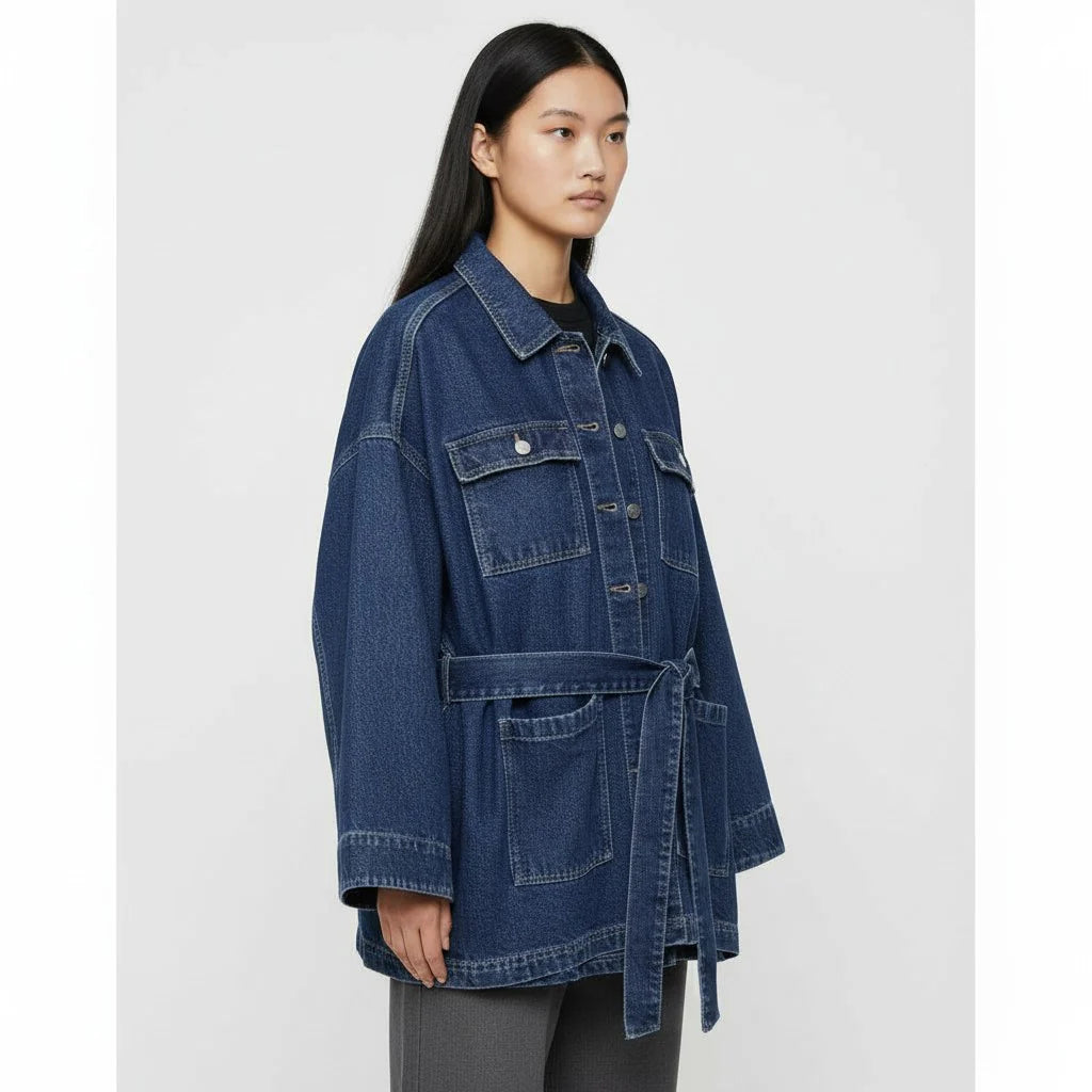 Long Trendy Denim Jacket for Women with Belt and Pockets