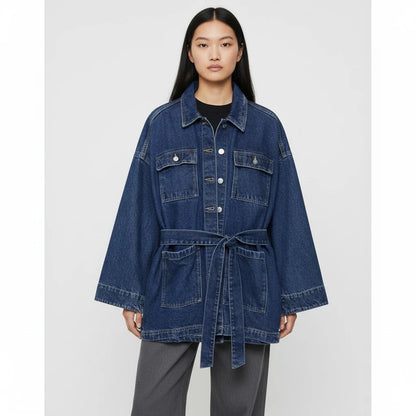 Long Trendy Denim Jacket for Women with Belt and Pockets