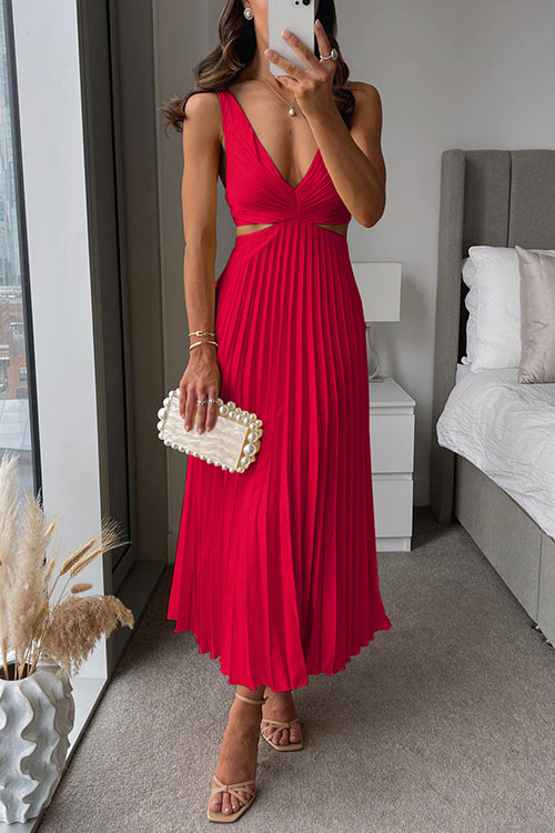 Claudy | Summer Pleated Midi Dress with Deep V-Neck