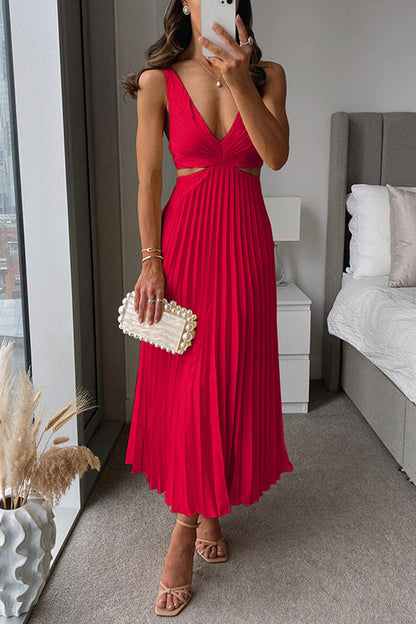 Claudy | Summer Pleated Midi Dress with Deep V-Neck