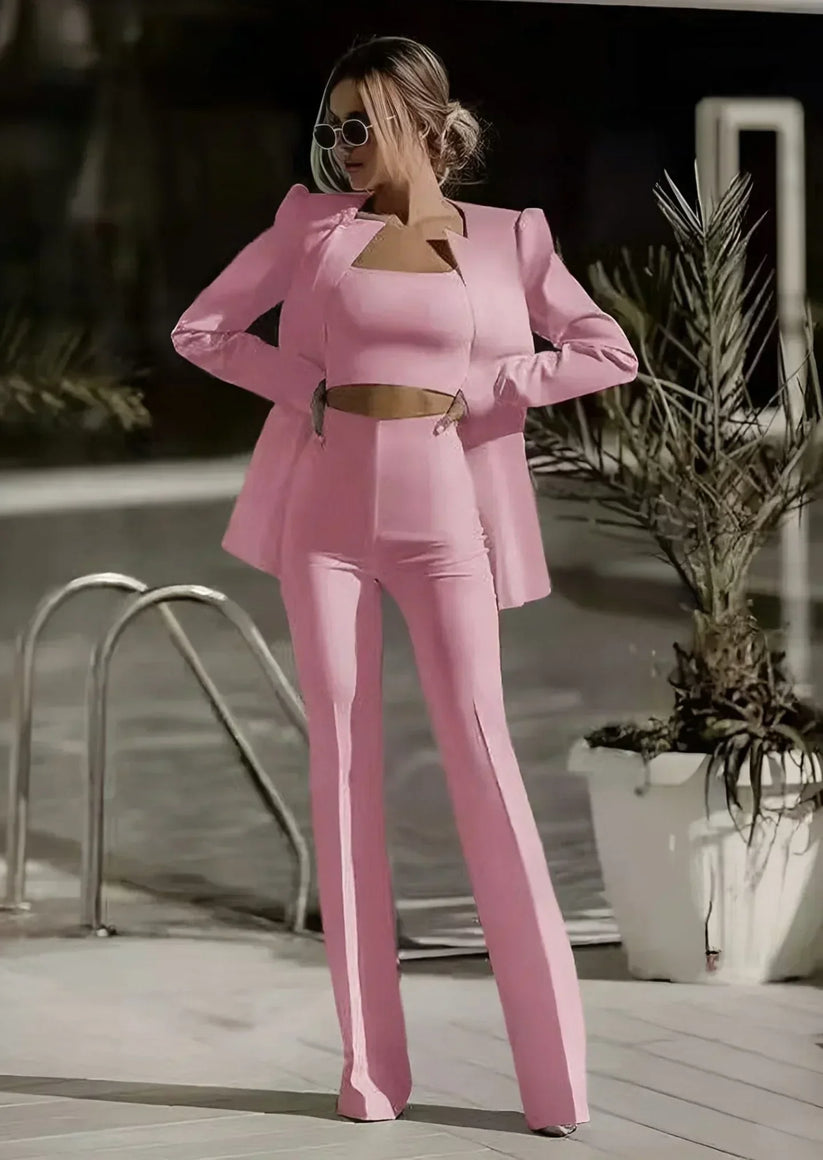 Chic Women's Blazer Set with Trousers and Crop Top